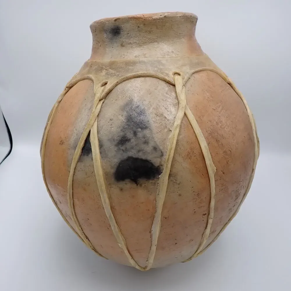 Large Rawhide Laced Clay Olla Tarahumara Style Southwest Pottery 14in
